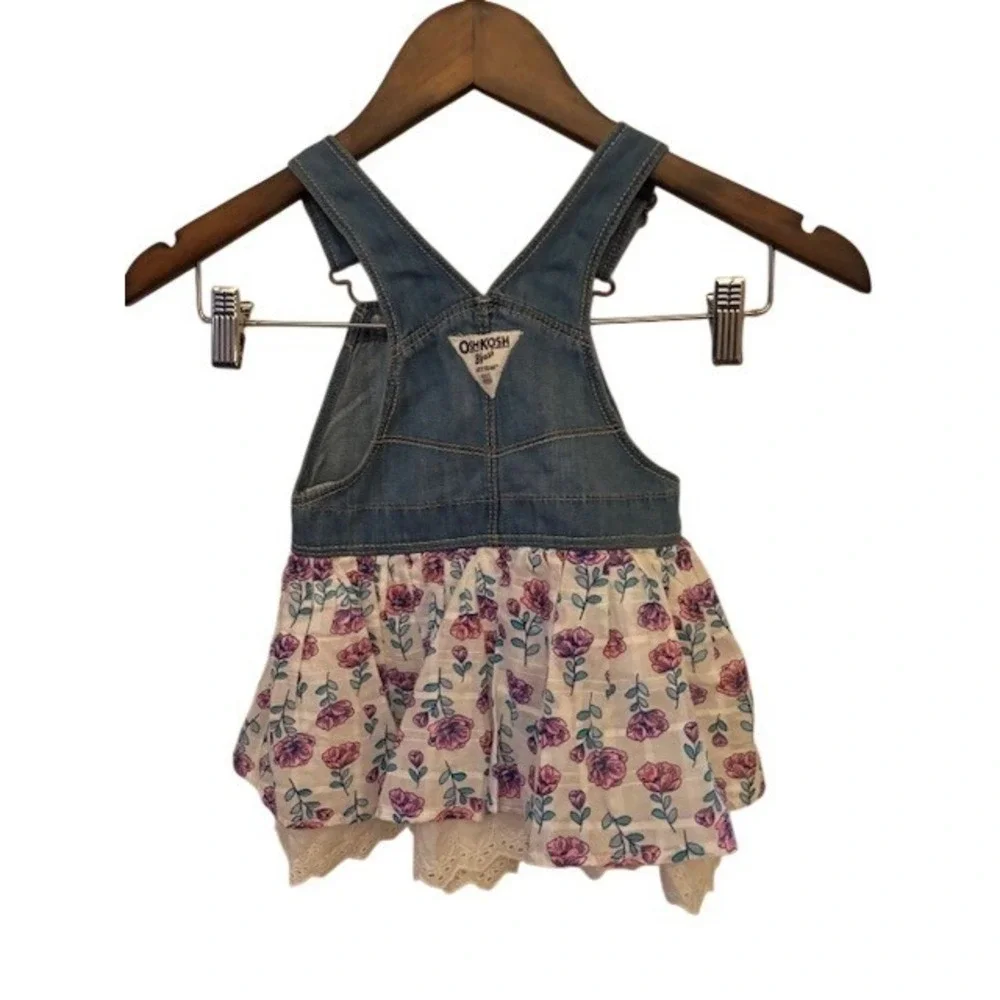 OshKosh B'gosh Girls Denim Floral Eyelet Jumper Dress Blue Pink 24M NEW